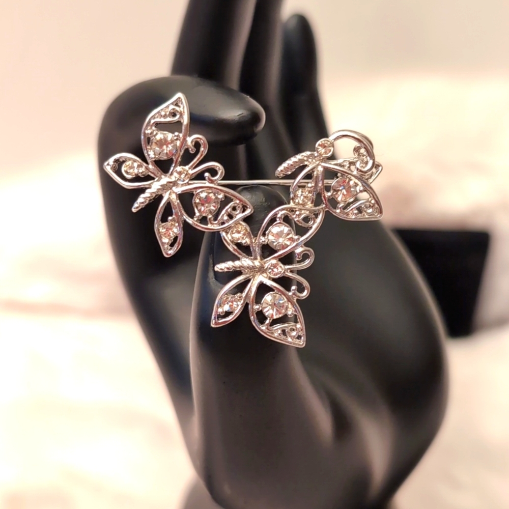 Silver Toned Stoned Butterfly Brooch